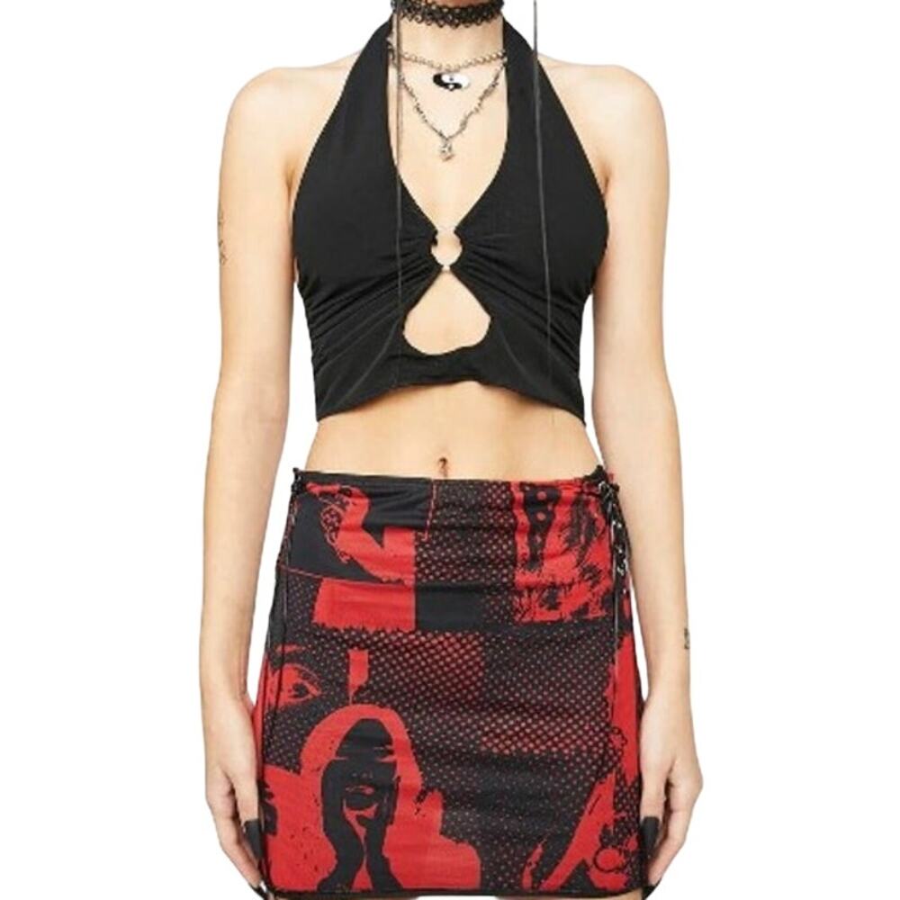 Edikted Tati Mini Mesh Skirt Adjustable Lace-Up Goth Steetwear Red Black Medium
